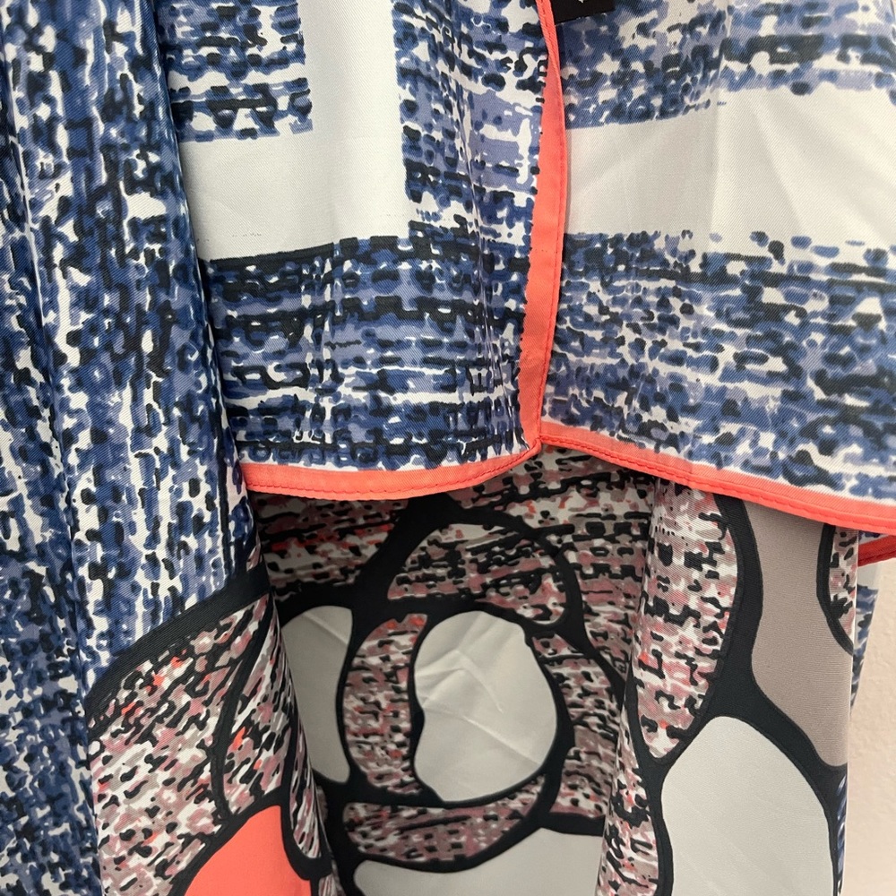 100% Silk Oversized Denim-Like Pattern w/ Flower Scarf -Blues, Grays & Coral - Picture 3 of 4